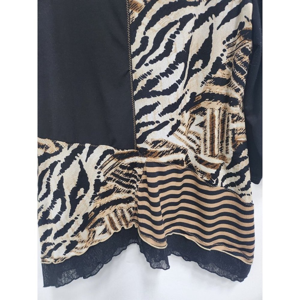 JM Collection Womens Tunic Top XL Black Tan Animal Print Patchwork Sharkbite - Picture 3 of 7